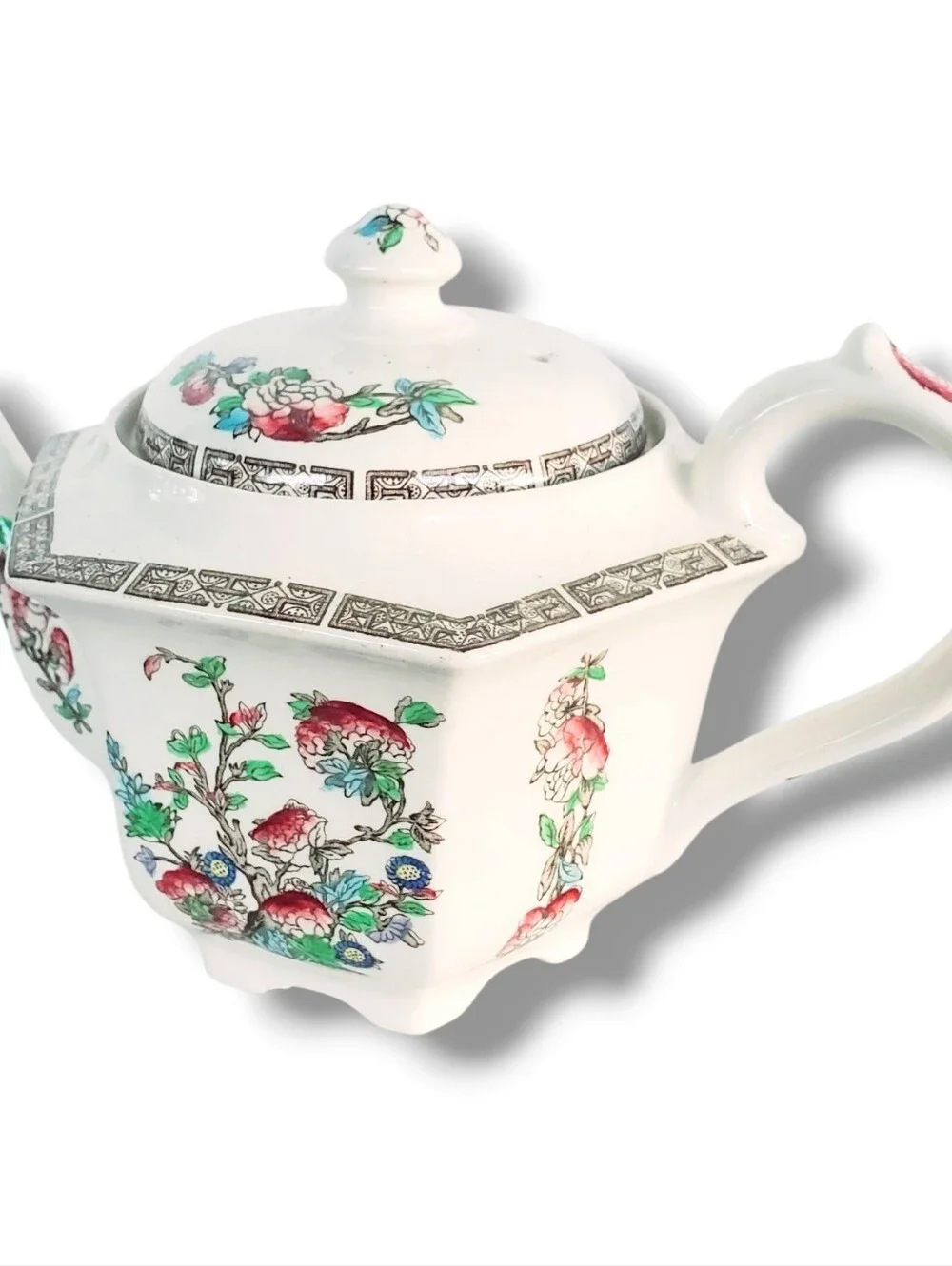 Vintage Floral Porcelain Teapot w/ Lid Asian Inspired English White Ceramic Gold